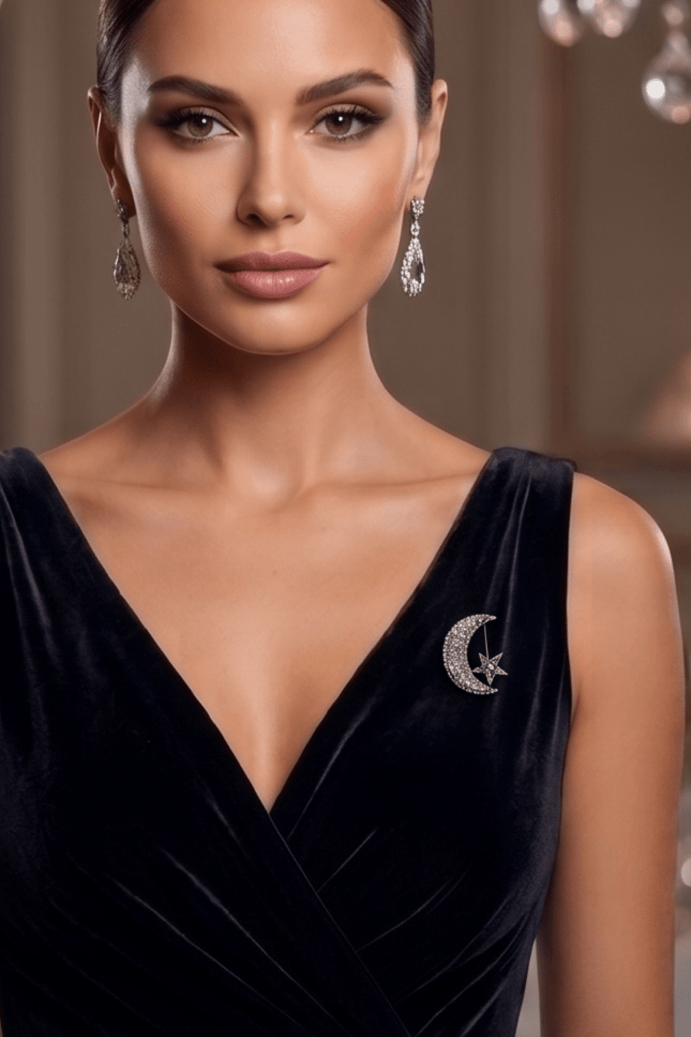 Tamamı Kristal Taşlı Gümüş Renk Ay Yıldız Broş