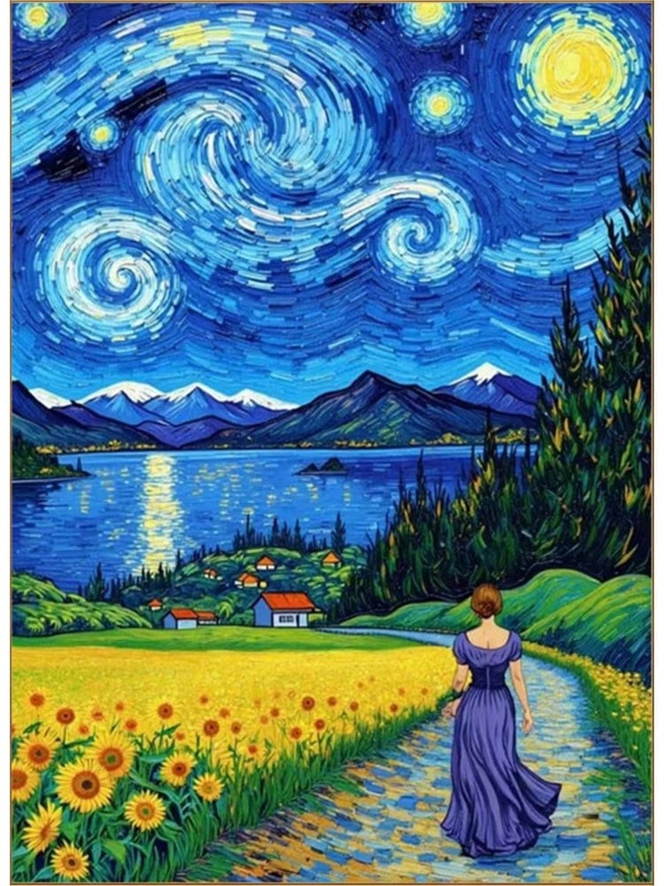 Hobby Mood Elmas Mozaik Tablo Kiti - Ayçiçeği Tarlasında Yıldızlı Gece (30x40 cm) - GD90862