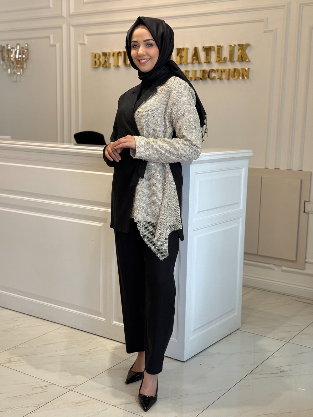 Tığ Triko File Detaylı Blazer Takım Siyah