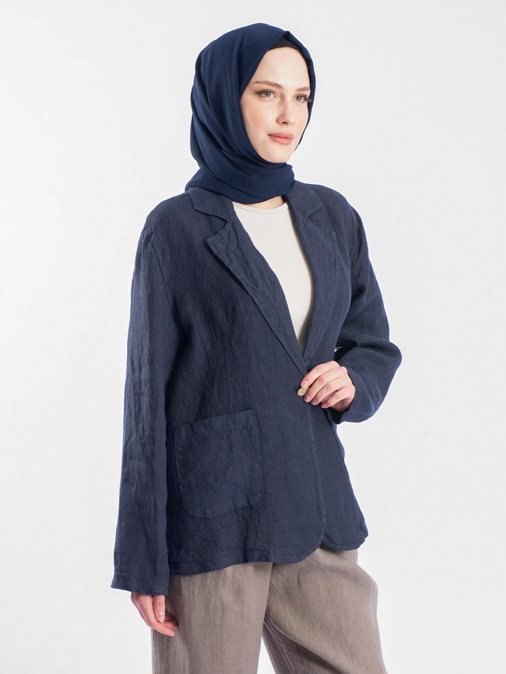 Keten Salaş Ceket Kadın Cep Detaylı Yazlık Blazer