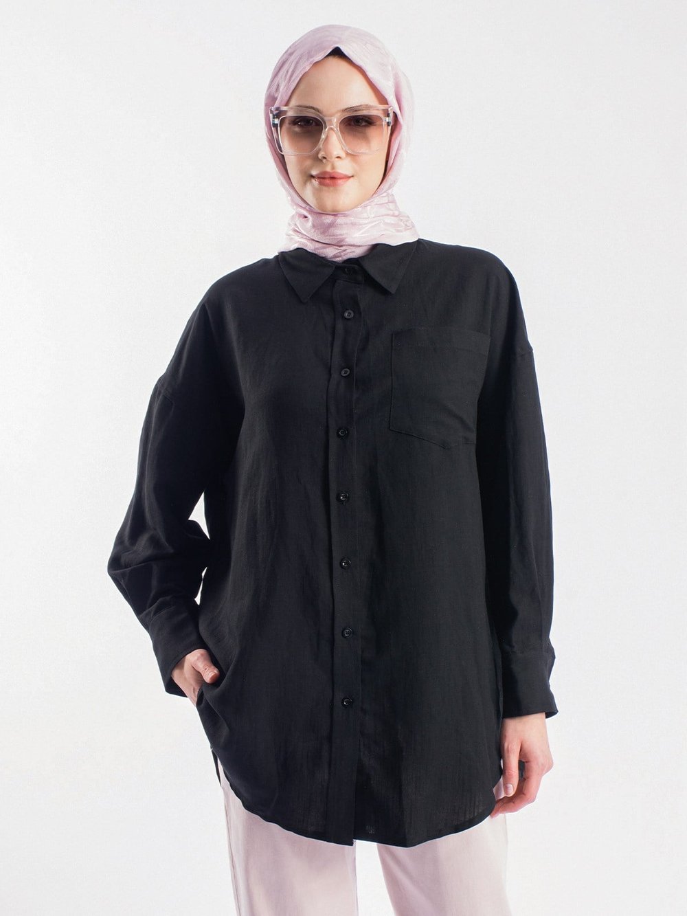 Oversize Kesim Uzun Keten Kadın Gömlek