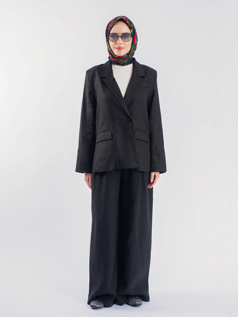 Yanları Yırtmaçlı Keten Oversize Ceket&Keten Palazzo Pantolon İkili Takım