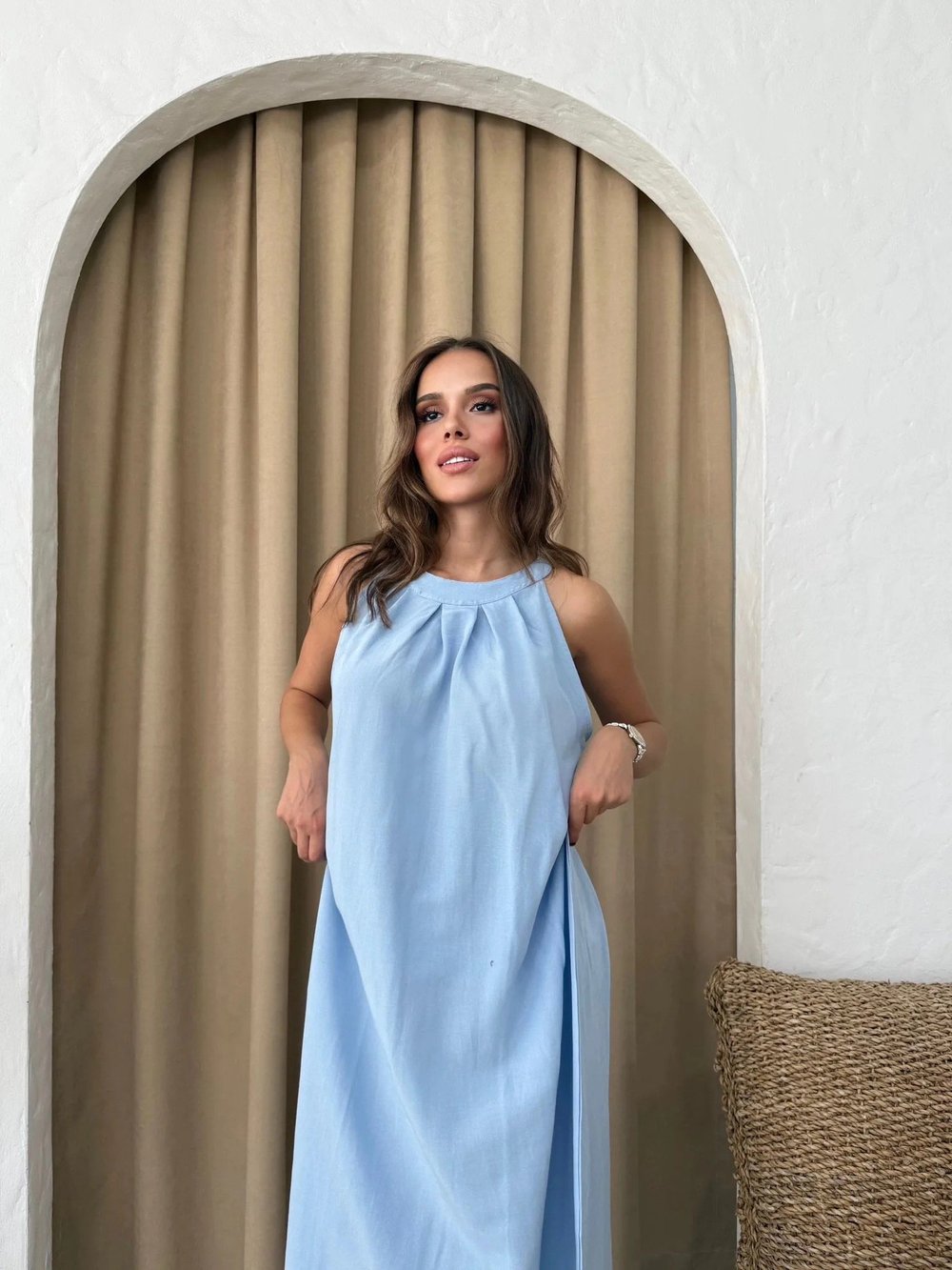 HALTER YAKA UZUN KETEN ELBİSE MAVİ