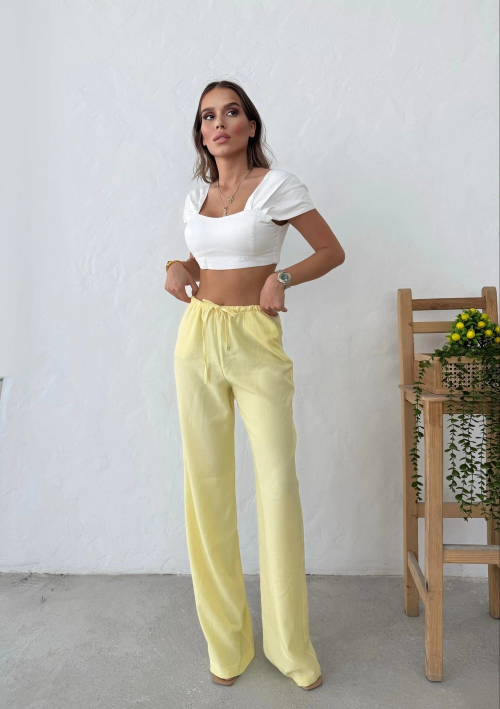 İNCE KEMER BEL LASTİKLİ PALAZZO KETEN PANTOLON SARI