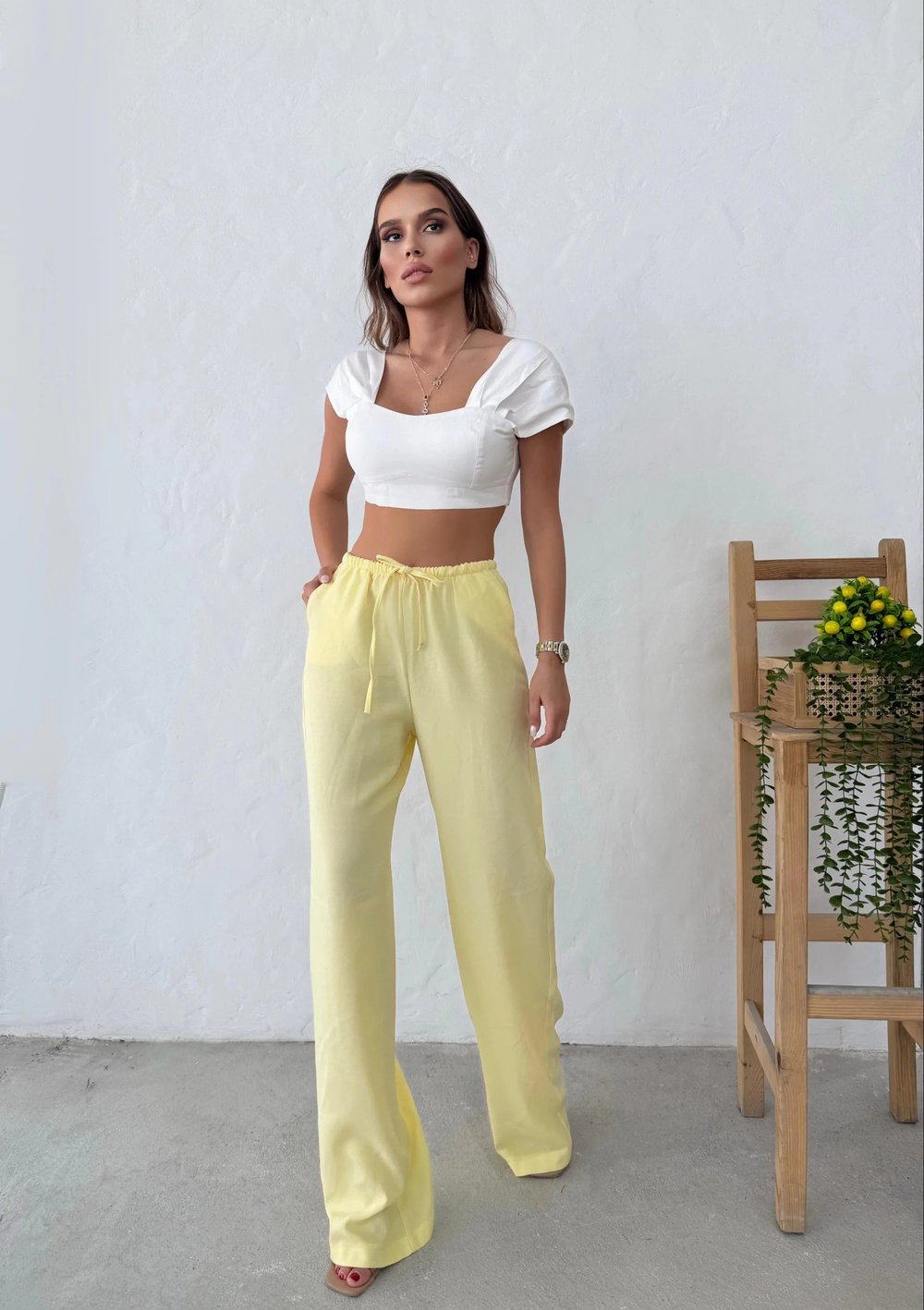 İNCE KEMER BEL LASTİKLİ PALAZZO KETEN PANTOLON SARI