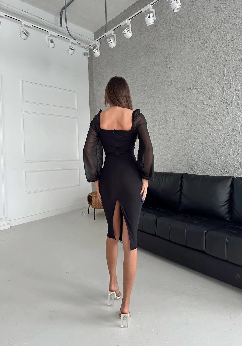 KOL TÜL YIRTMAÇLI UZUN ELBİSE SİYAH