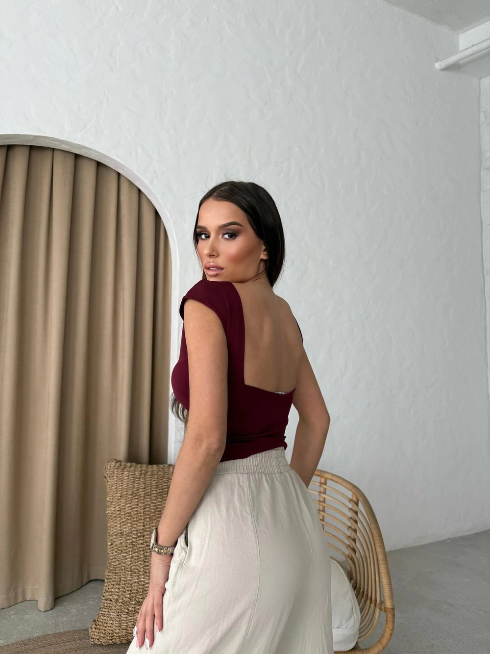 SIRT DEKOLTE DETAY CROP BLUZ BORDO