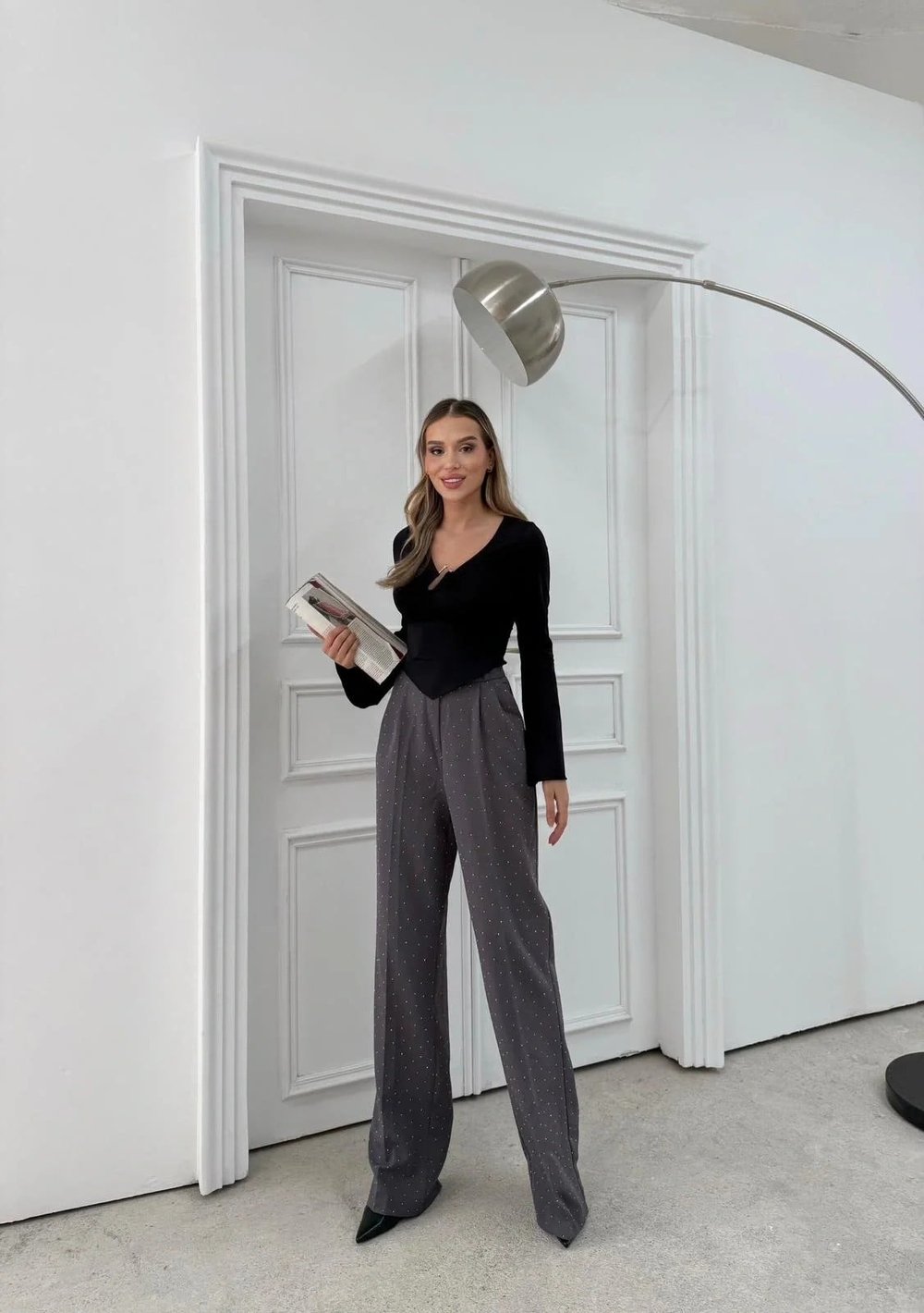 TAŞLI YÜKSEK BEL PALAZZO PANTOLON GRİ
