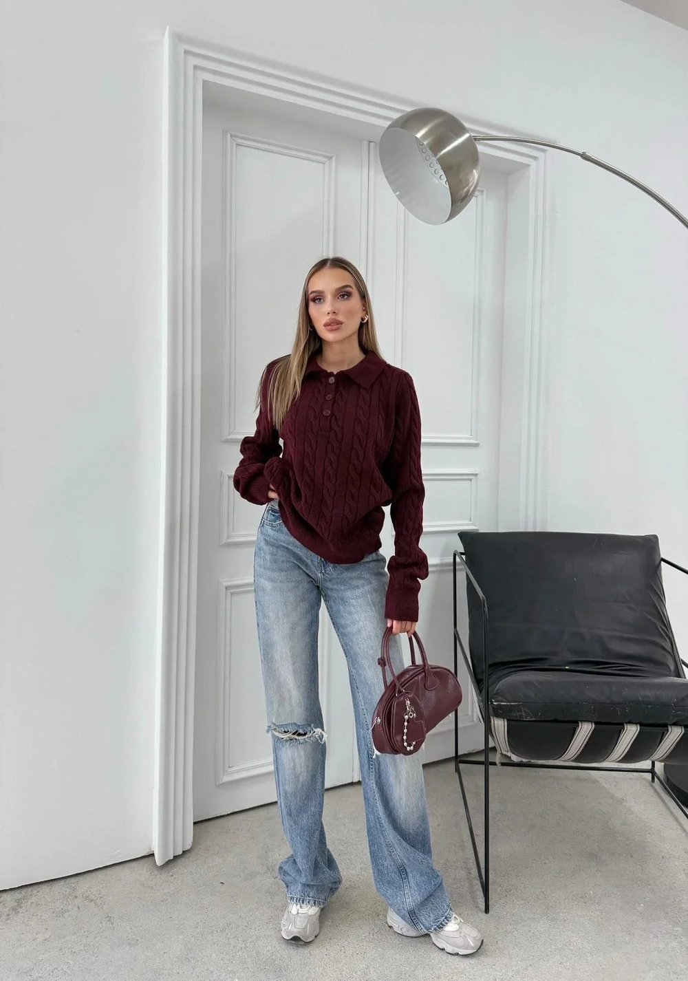 YAKALI DÜĞMELİ DETAY BAKLAVA DESEN KAZAK BORDO