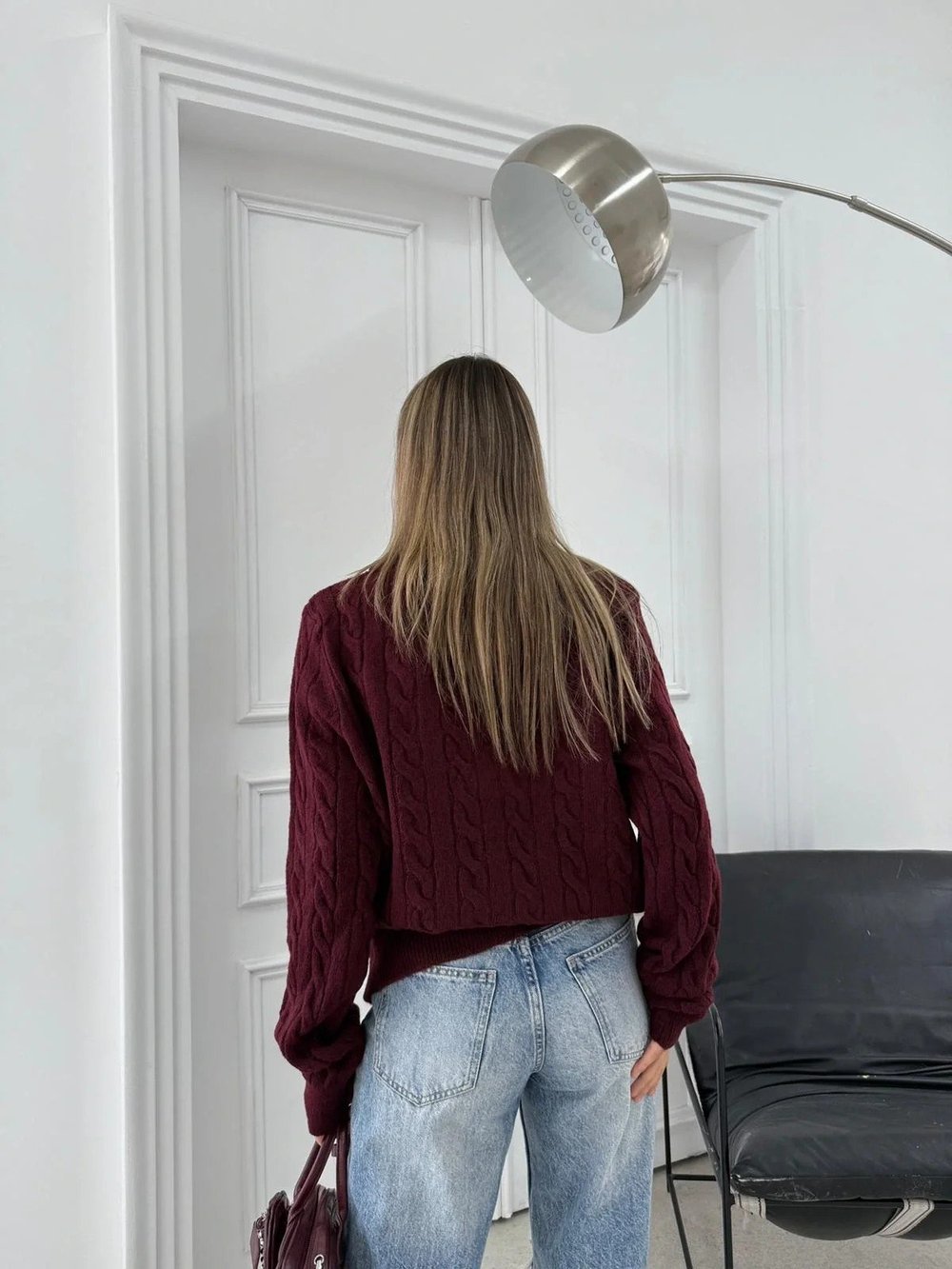 YAKALI DÜĞMELİ DETAY BAKLAVA DESEN KAZAK BORDO