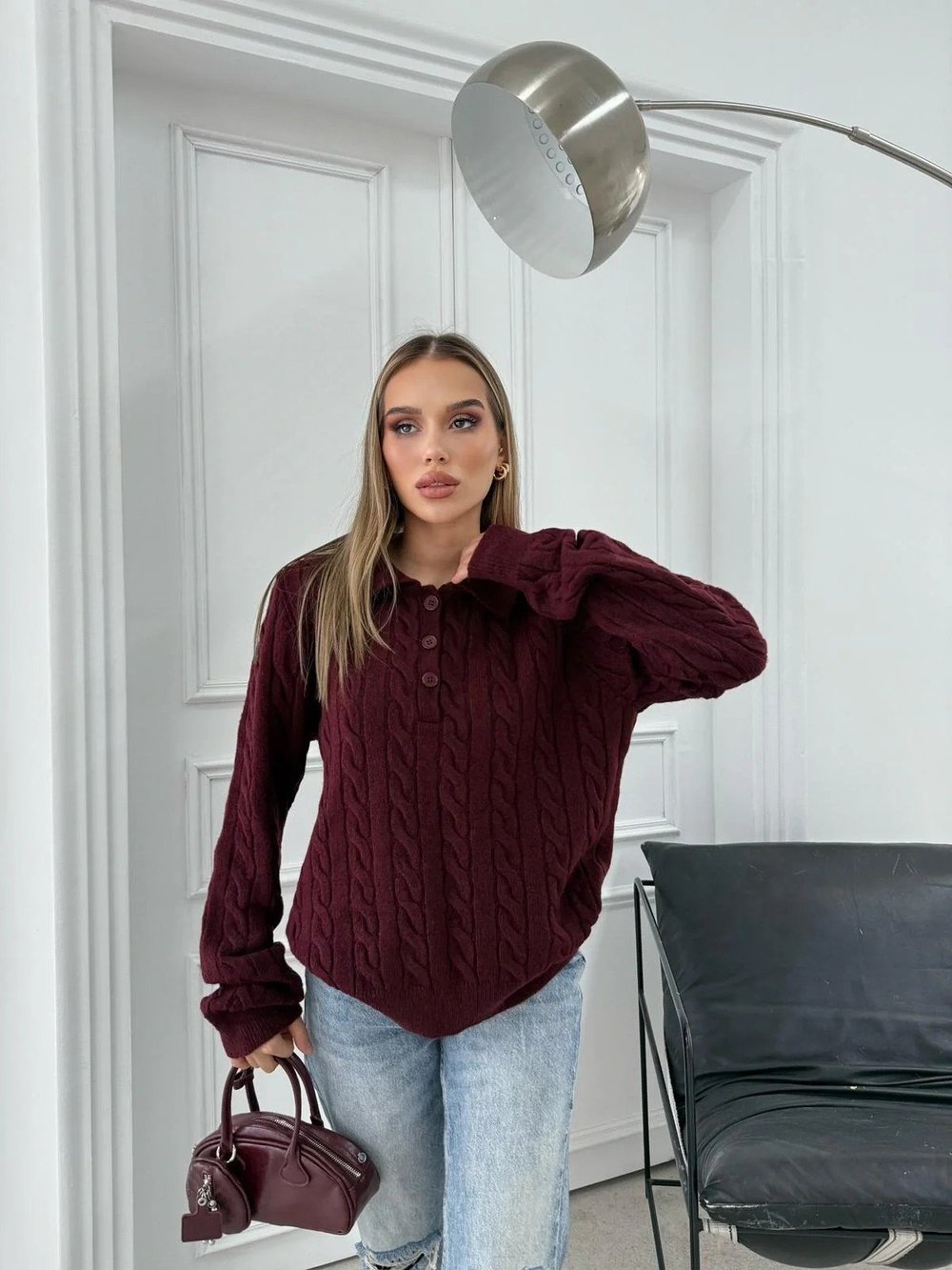 YAKALI DÜĞMELİ DETAY BAKLAVA DESEN KAZAK BORDO