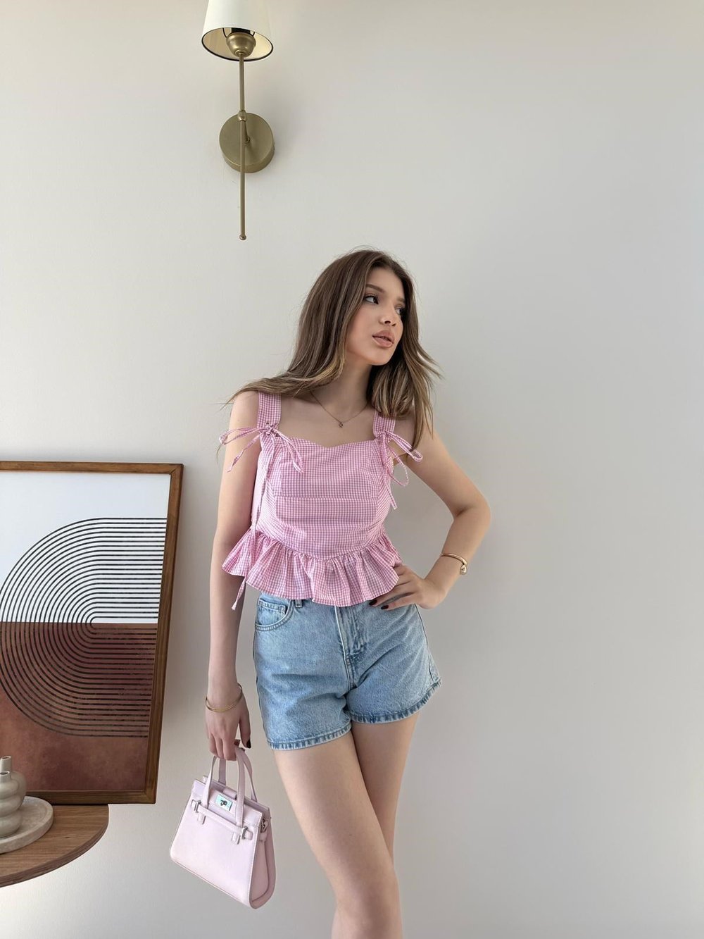 Askı Bağlamalı Pitikare Desen Etek Volanlı Bluz Pembe 2312