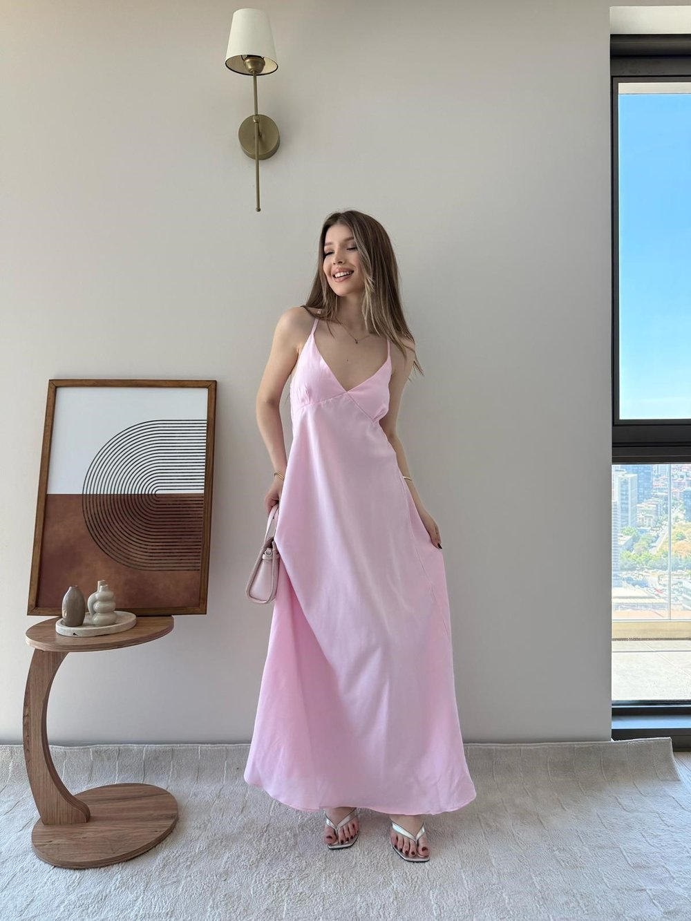 Askılı Sırt Çapraz Detay Midiboy Tensel Modal Elbise Pembe 2293