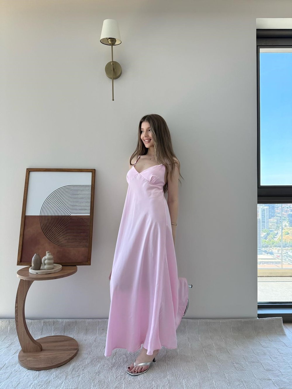 Askılı Sırt Çapraz Detay Midiboy Tensel Modal Elbise Pembe 2293