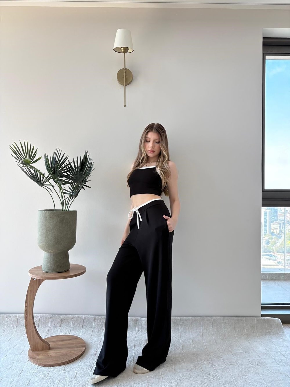 Asklı Atlet ve Pantolonlu Garne Detay Modal İkili Takım Siyah 2201