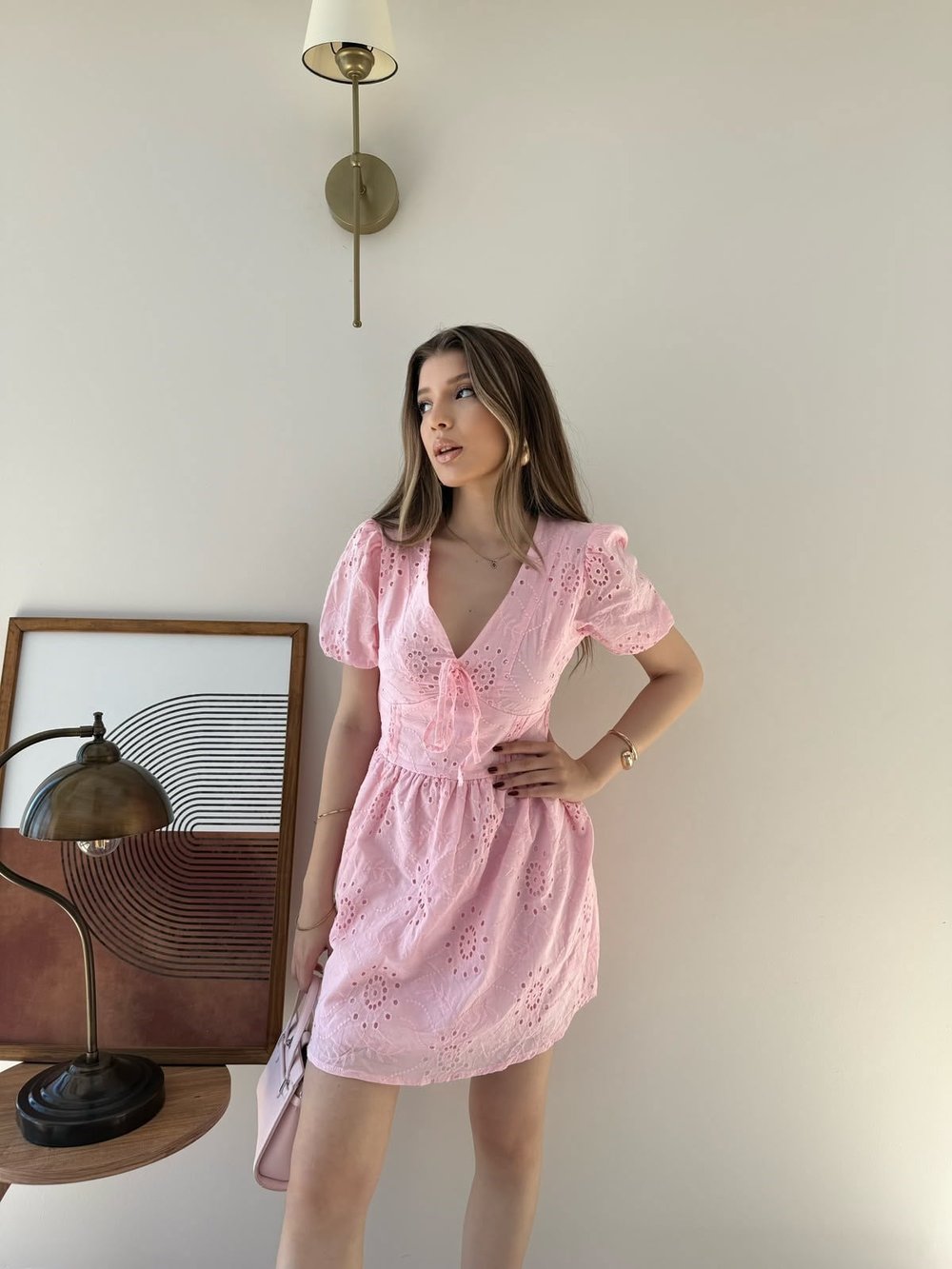 Balon Kol Sırt Dekolte Detay İç Astarlı Fisto Elbise Pembe 2332