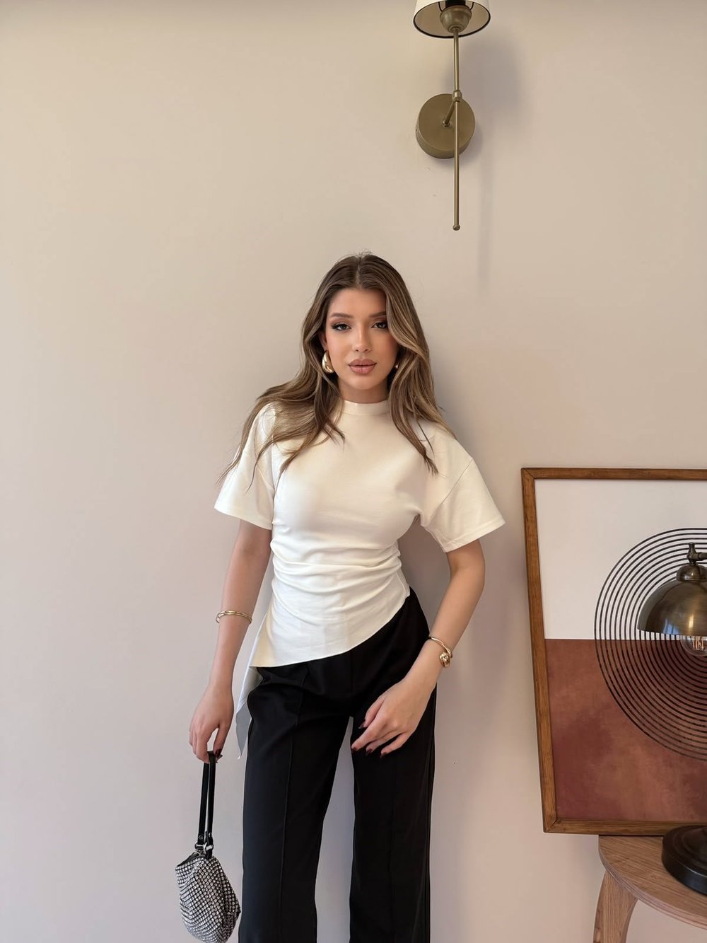 Bel Drape Saçaklı Modal Tişört Beyaz 2326