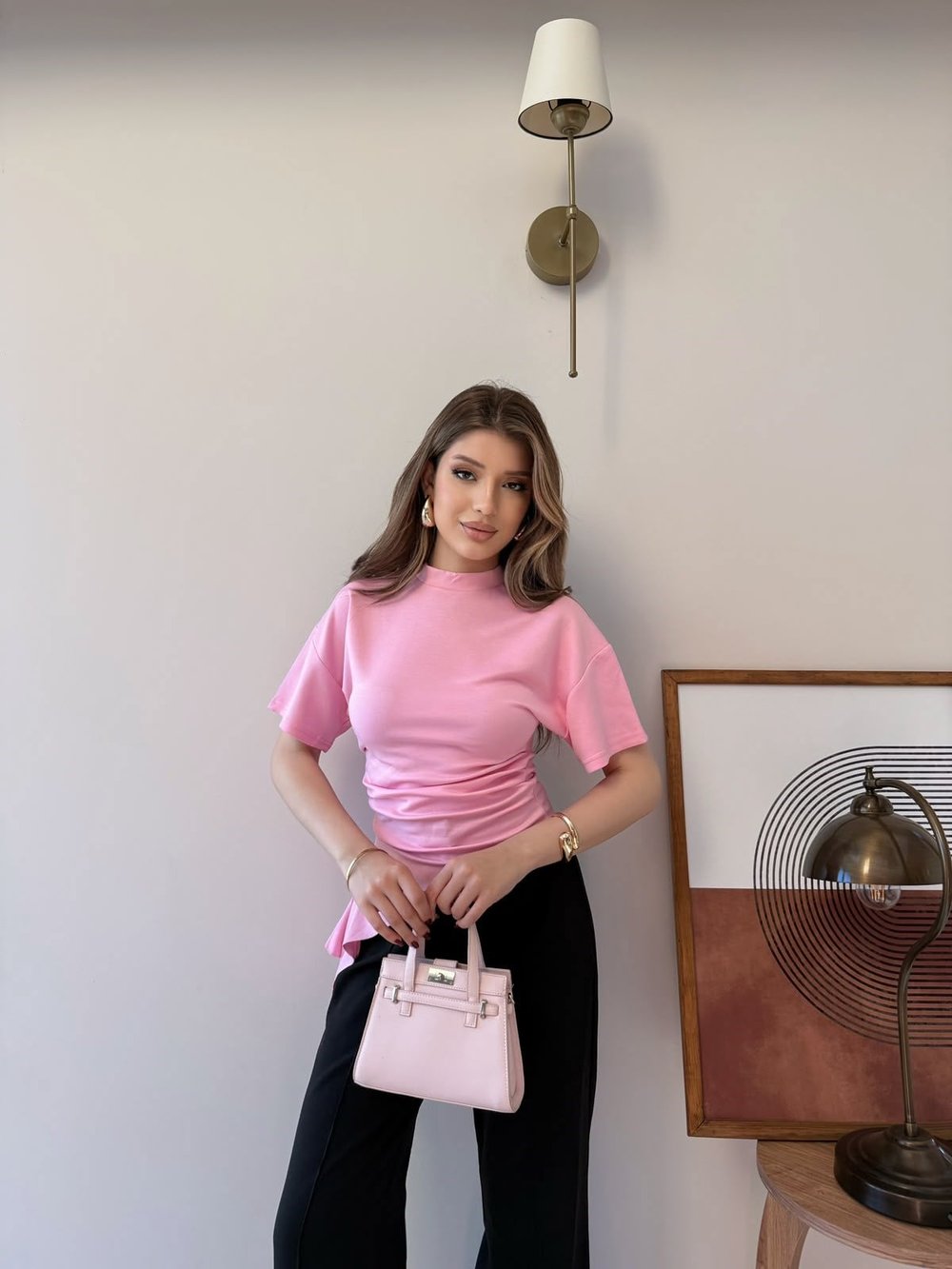 Bel Drape Saçaklı Modal Tişört Pembe 2326