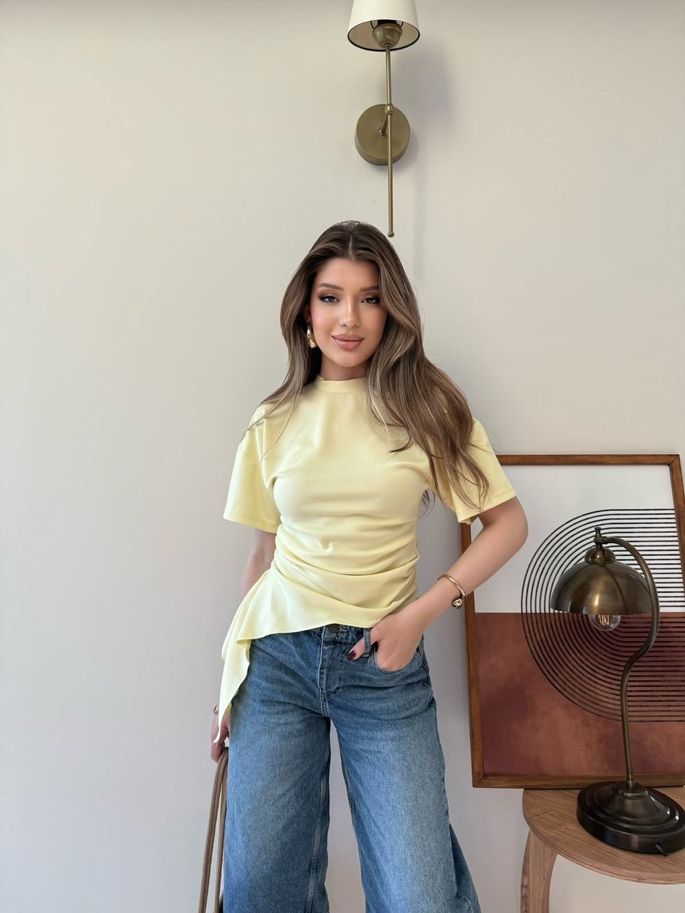 Bel Drape Saçaklı Modal Tişört Sarı 2326