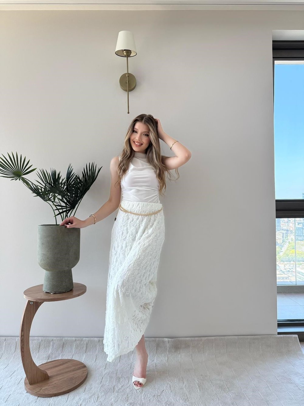 Bel Gold Kemer Detay Dantel İç Astarlı Etek Beyaz 2230