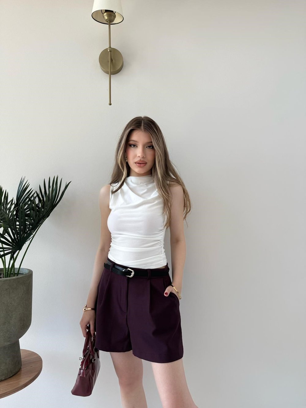 Bel Kemer Detay Double Kumaş Yüksek Bel Şort Mürdüm 2228