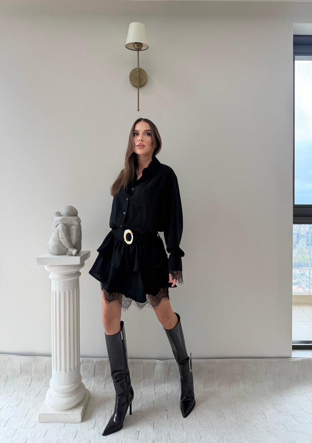 Bel Kemerli Etek Dantel Detay Gömlek Elbise Siyah 2046