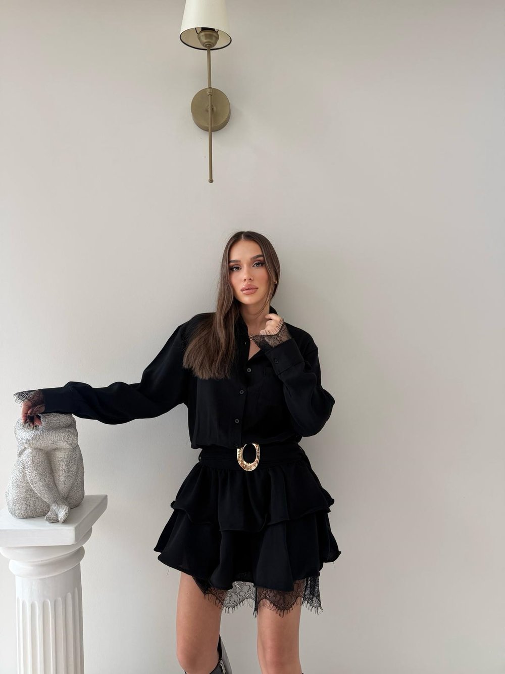 Bel Kemerli Etek Dantel Detay Gömlek Elbise Siyah 2046