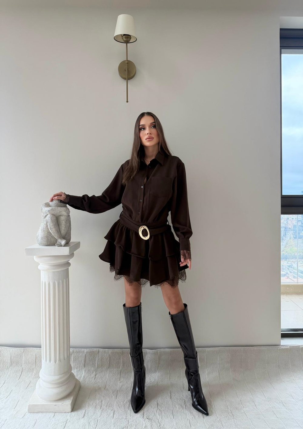 Bel Kemerli Etek Dantel Detay Gömlek Elbise Kahve 2046