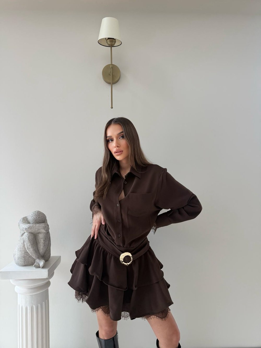 Bel Kemerli Etek Dantel Detay Gömlek Elbise Kahve 2046