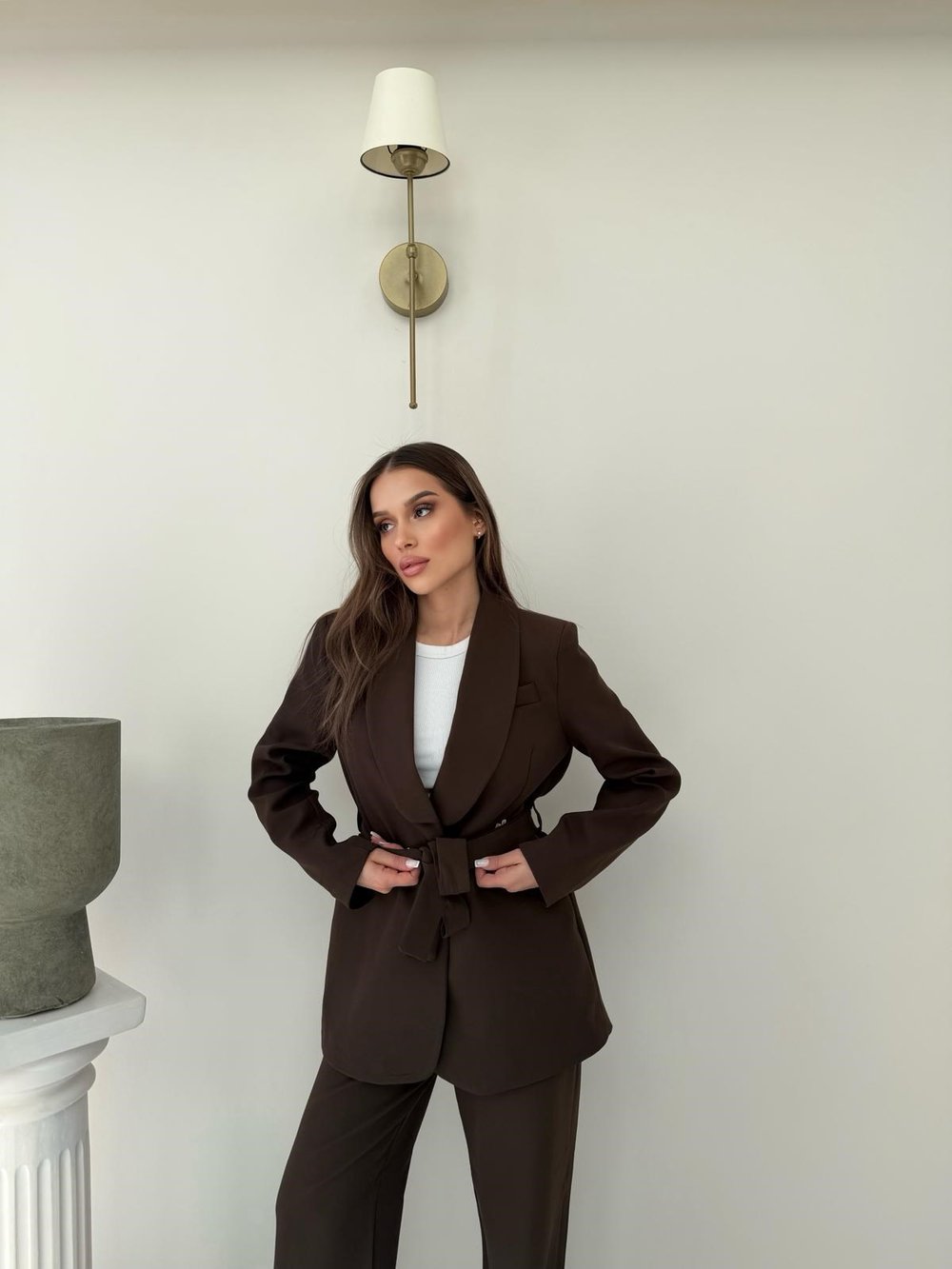 Bel Kuşaklı Blazer Ceket Ve Pantolonlu Double Kumaş İkili Takım Kahverengi 2084