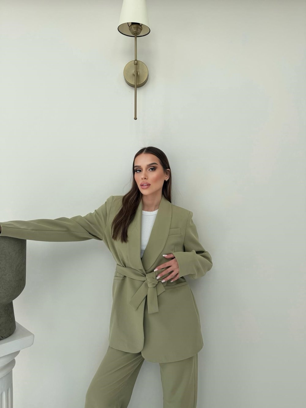 Bel Kuşaklı Blazer Ceket Ve Pantolonlu Double Kumaş İkili Takım Haki 2084