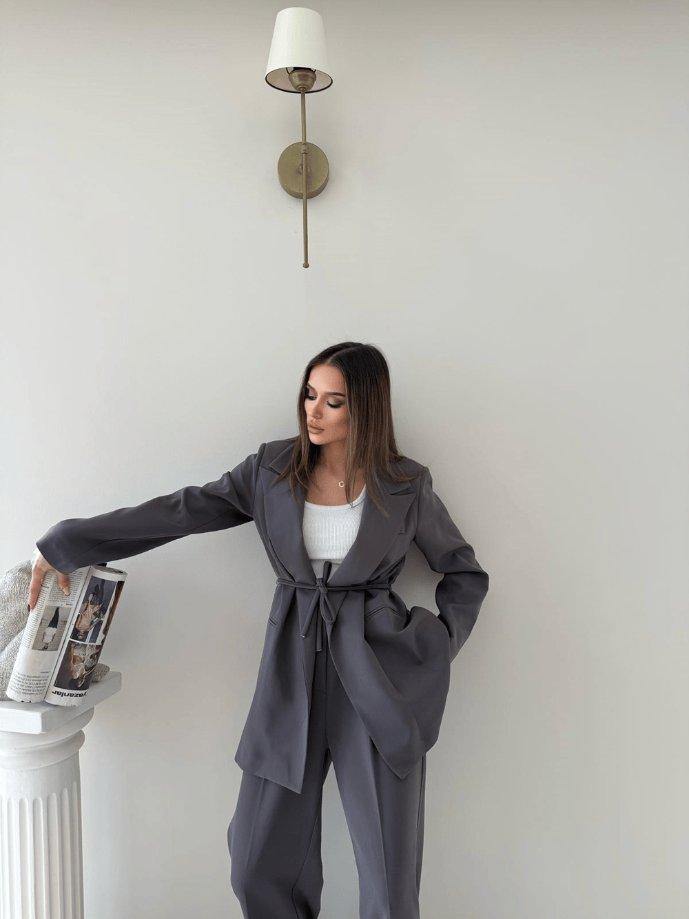 Bel Kuşaklı İç Astarlı Blazer Ceket Ve Palazzo Bel Lastikli Pantolonlu İkili Kumaş Takım Gri 2051