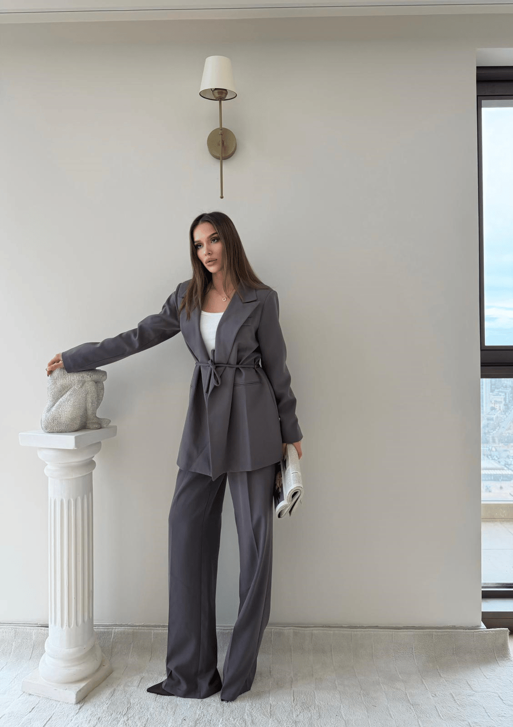 Bel Kuşaklı İç Astarlı Blazer Ceket Ve Palazzo Bel Lastikli Pantolonlu İkili Kumaş Takım Gri 2051