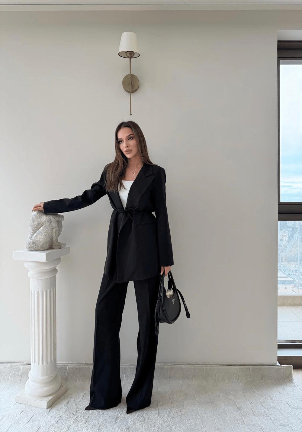 Bel Kuşaklı İç Astarlı Blazer Ceket Ve Palazzo Bel Lastikli Pantolonlu İkili Kumaş Takım Siyah 2051