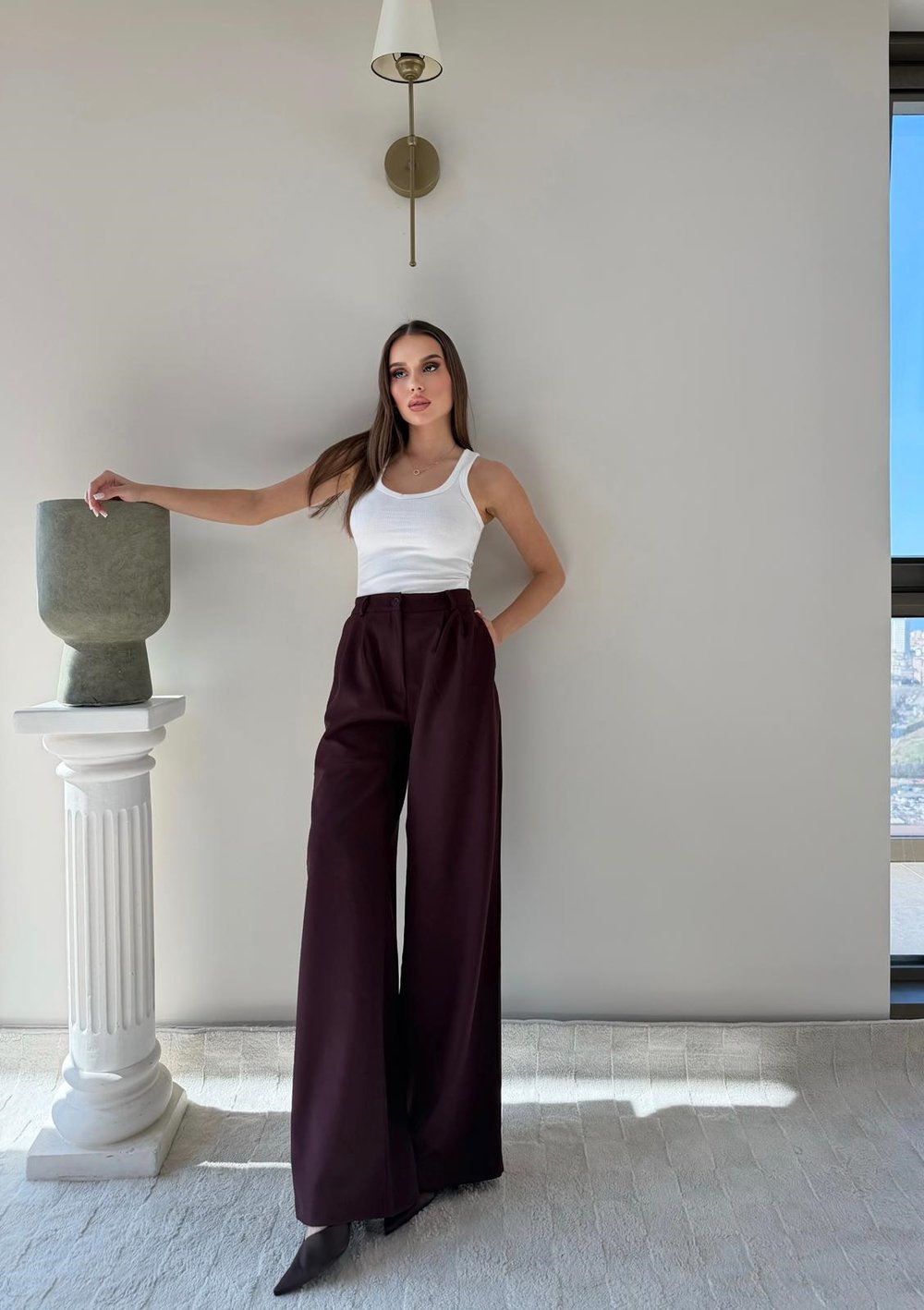 Bel Lastikli Yüksek Bel Palazzo Kumaş Pantolon Bordo 2085