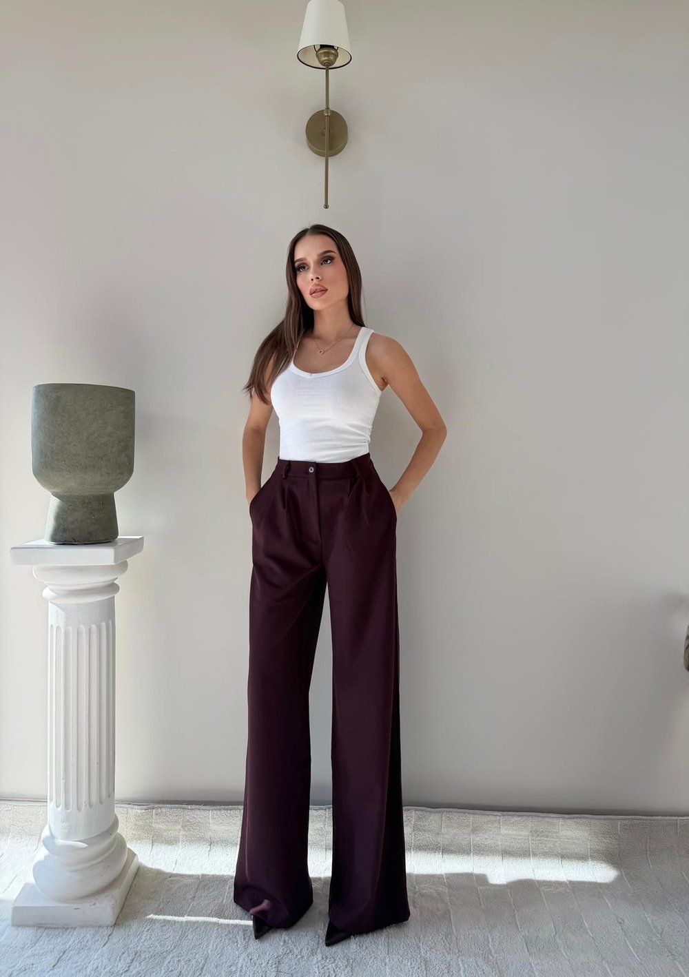 Bel Lastikli Yüksek Bel Palazzo Kumaş Pantolon Bordo 2085
