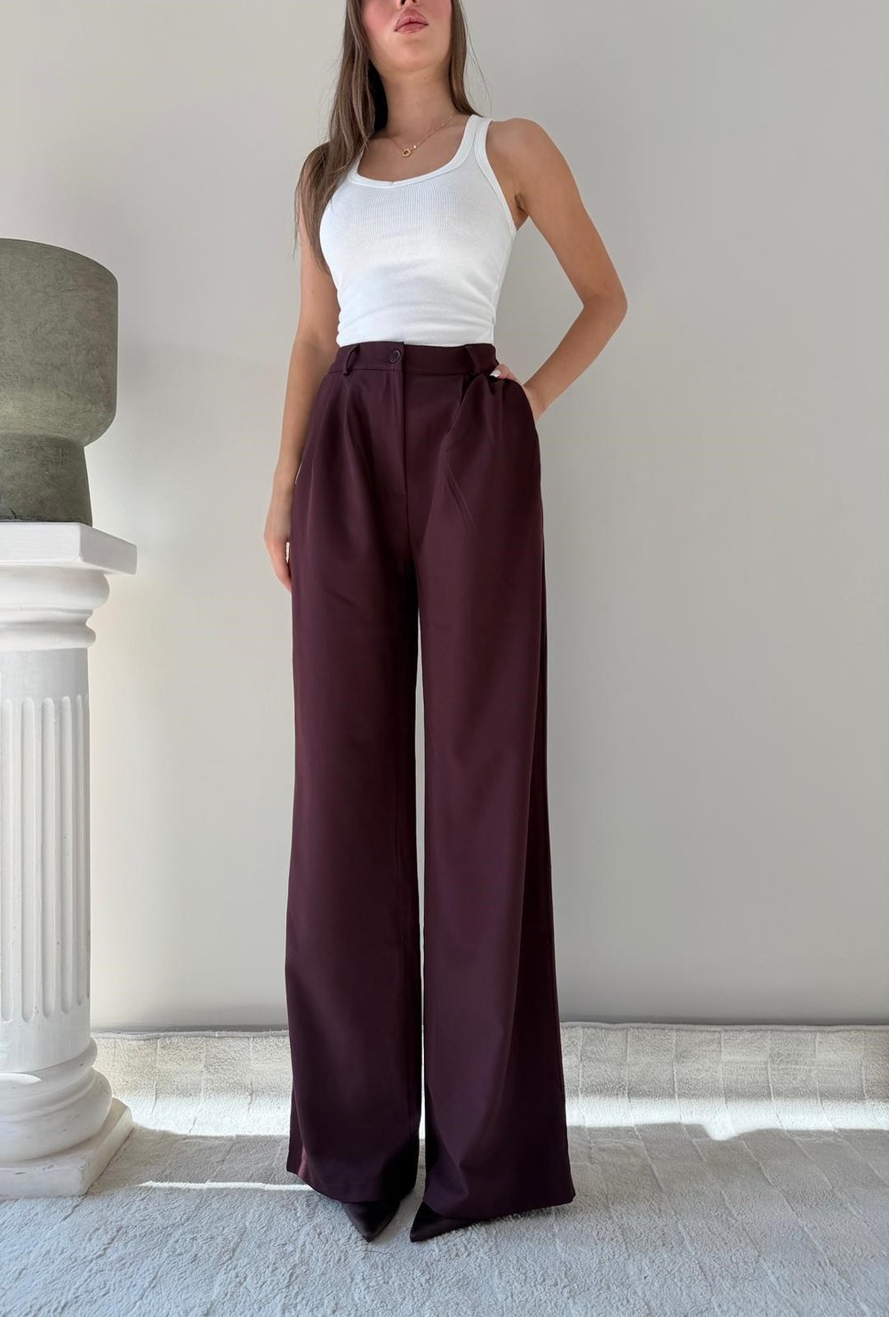 Bel Lastikli Yüksek Bel Palazzo Kumaş Pantolon Bordo 2085