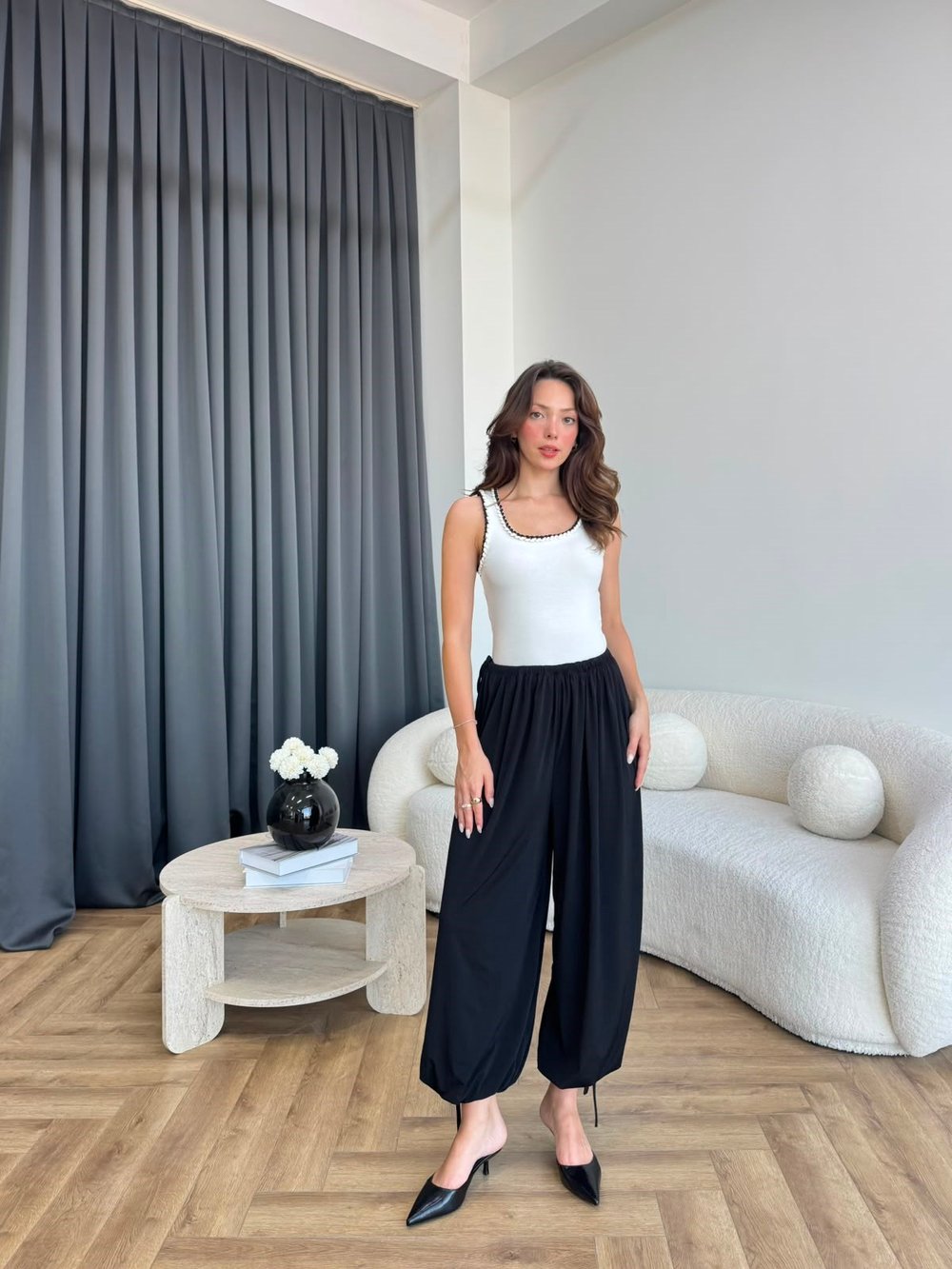Bel ve Paça İp Bağlama Detay Salaş Sandy Şalvar Pantolon Siyah 2385