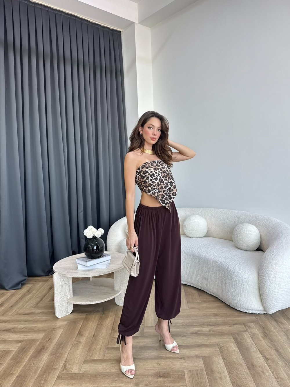 Bel ve Paça İp Bağlama Detay Salaş Sandy Şalvar Pantolon Acı Kahve 2385