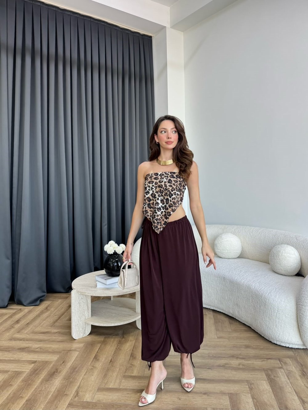 Bel ve Paça İp Bağlama Detay Salaş Sandy Şalvar Pantolon Acı Kahve 2385