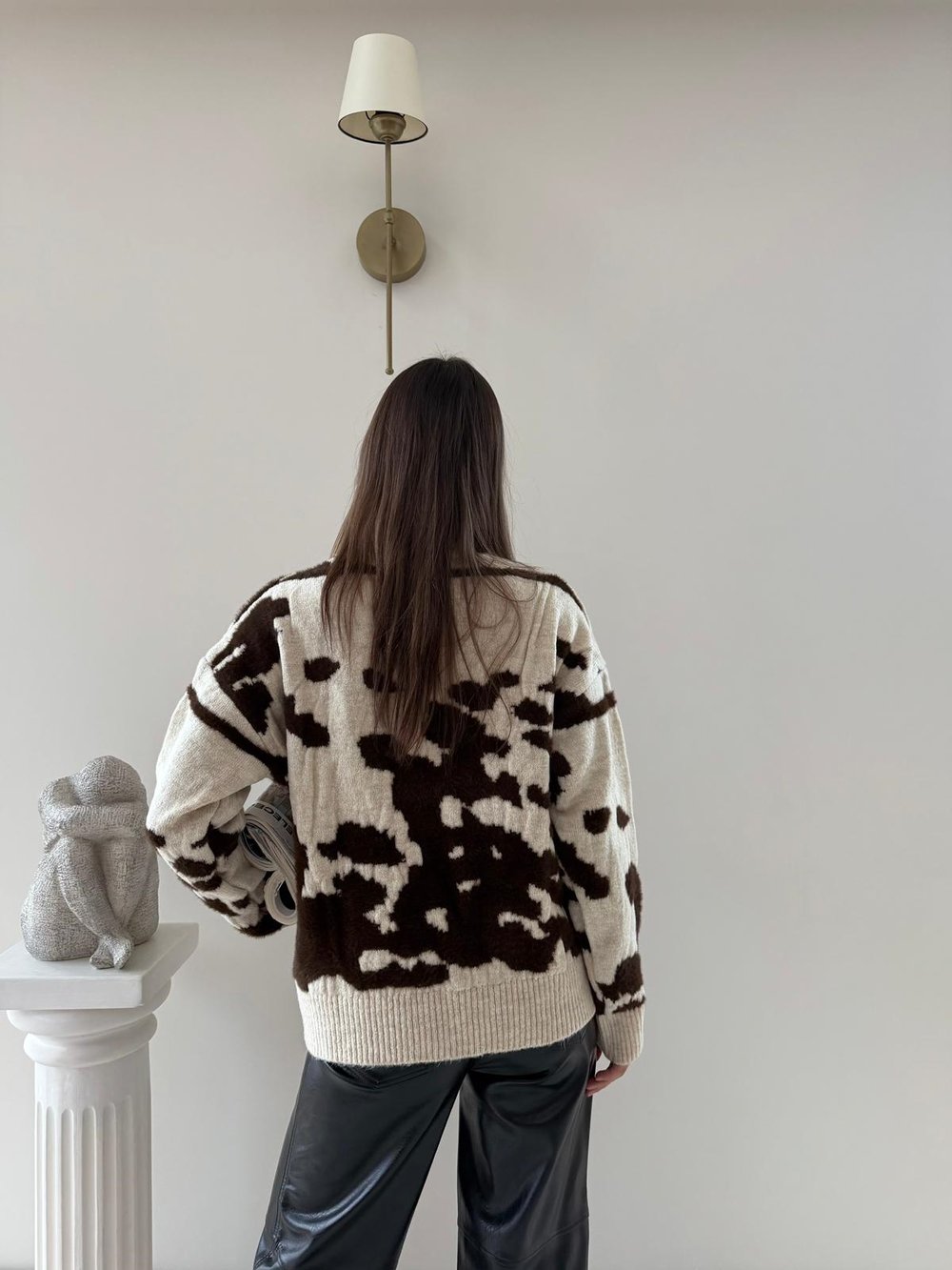 Benekli Oversize Kazak Bej Kahve 2043