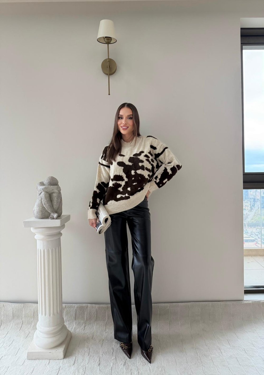 Benekli Oversize Kazak Bej Kahve 2043