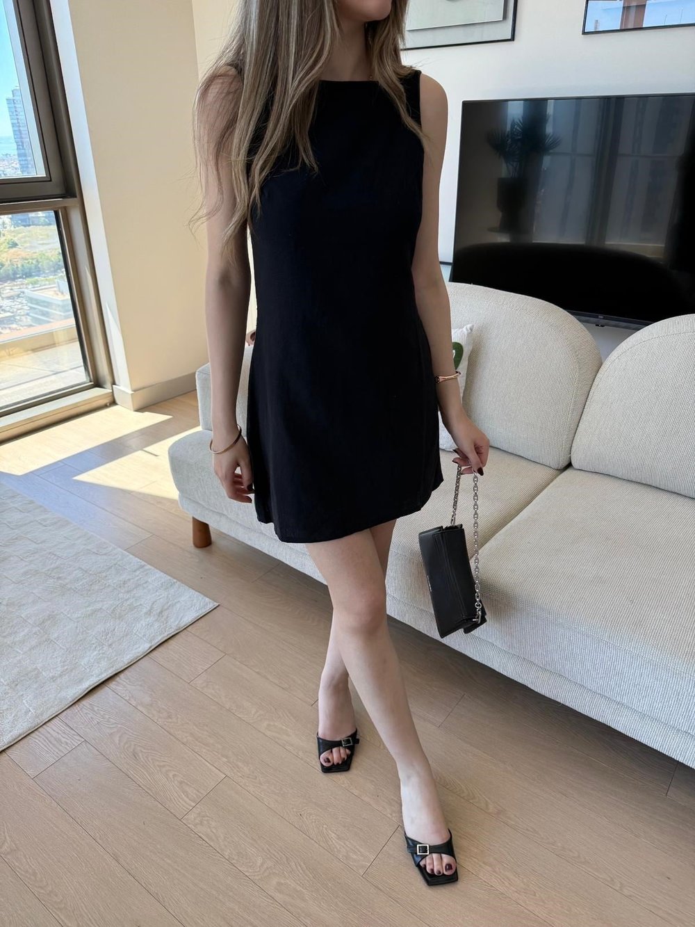 Bisiklet Yaka Mini Keten Elbise Siyah 2287