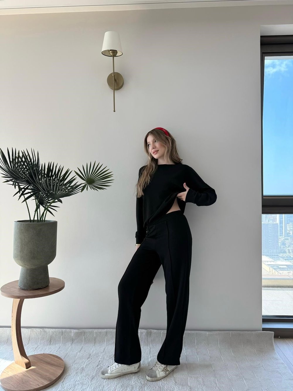 Bisiklet Yaka Oversize Sweat ve Pantolonlu Modal İkili Takım Siyah 2141
