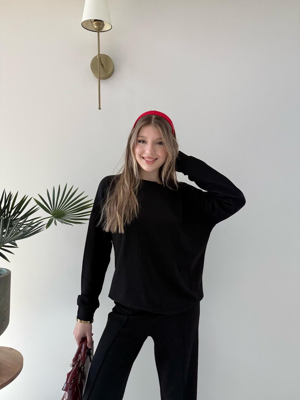 Bisiklet Yaka Oversize Sweat ve Pantolonlu Modal İkili Takım Siyah 2141