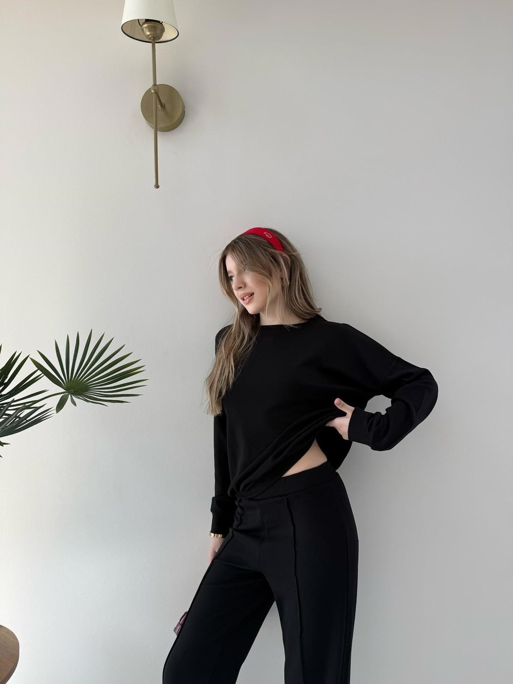 Bisiklet Yaka Oversize Sweat ve Pantolonlu Modal İkili Takım Siyah 2141