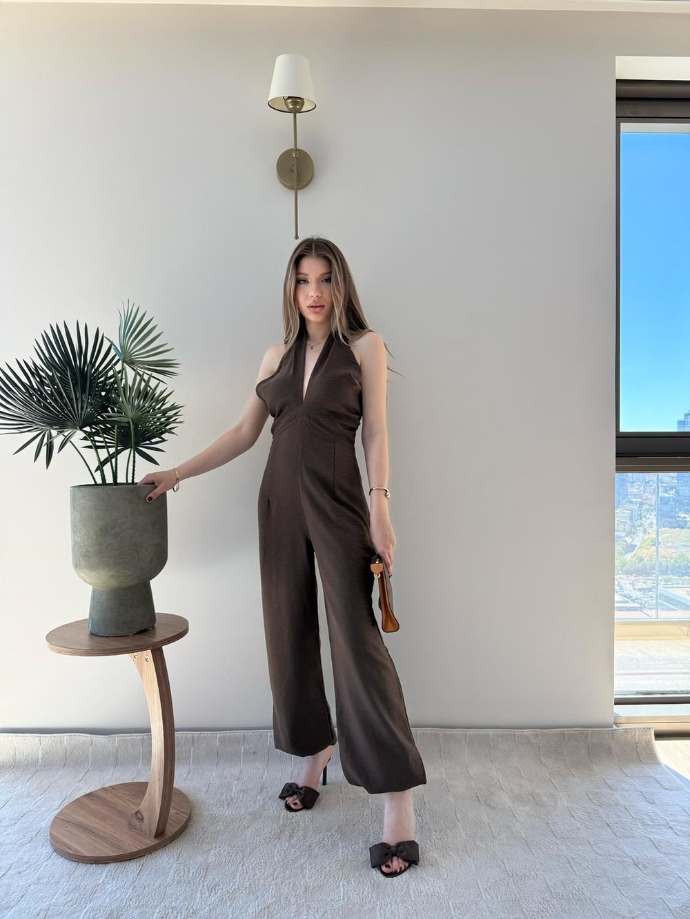 Boyundan Bağlamali Keten Tulum Kahve 2285