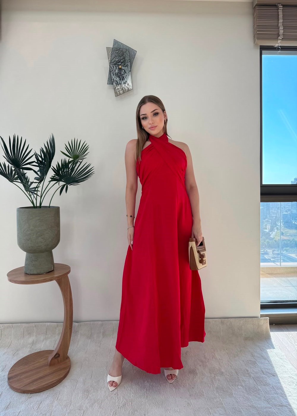 Boyundan Çapraz Bağlamalı Uzun Keten Elbise Kırmızı 2375