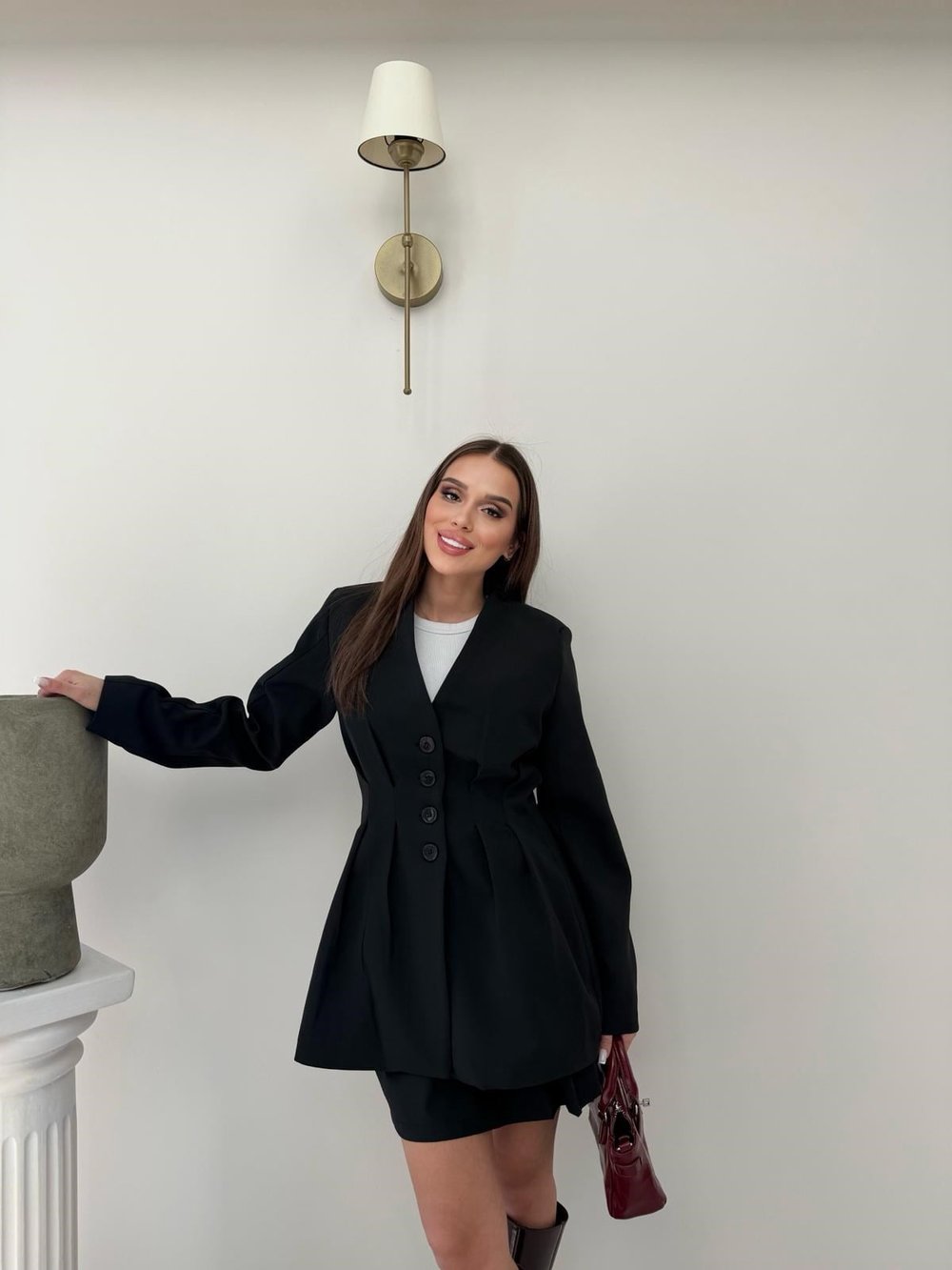 Dört Düğme Detay Bel Drapeli Uzun Blazer Ceket Siyah 2082