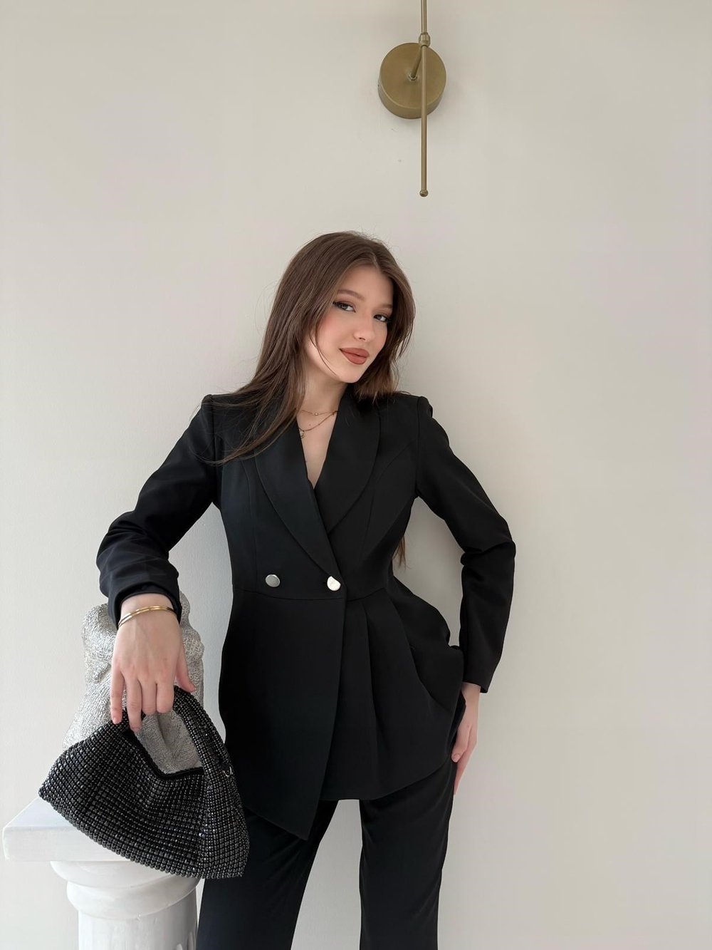 Çift Düğme Detay Pensli Blazer Ceket Ve Pantolonlu İkili Kumaş Takım Siyah 2105